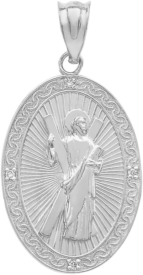Saint Collection 925 Sterling Silver St. Andrew the Apostle CZ Oval Medal Charm Pendant (Medium)