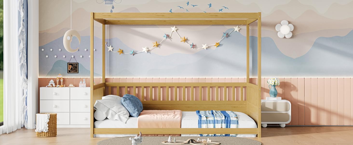 Full Size Canopy Bed with Guardrails and Four Poster Design, Wood Montessori Floor Bed Frame for Girls, Boys, Kids, Teens, No Box Spring Needed, Easy Assemble, Natural Wood