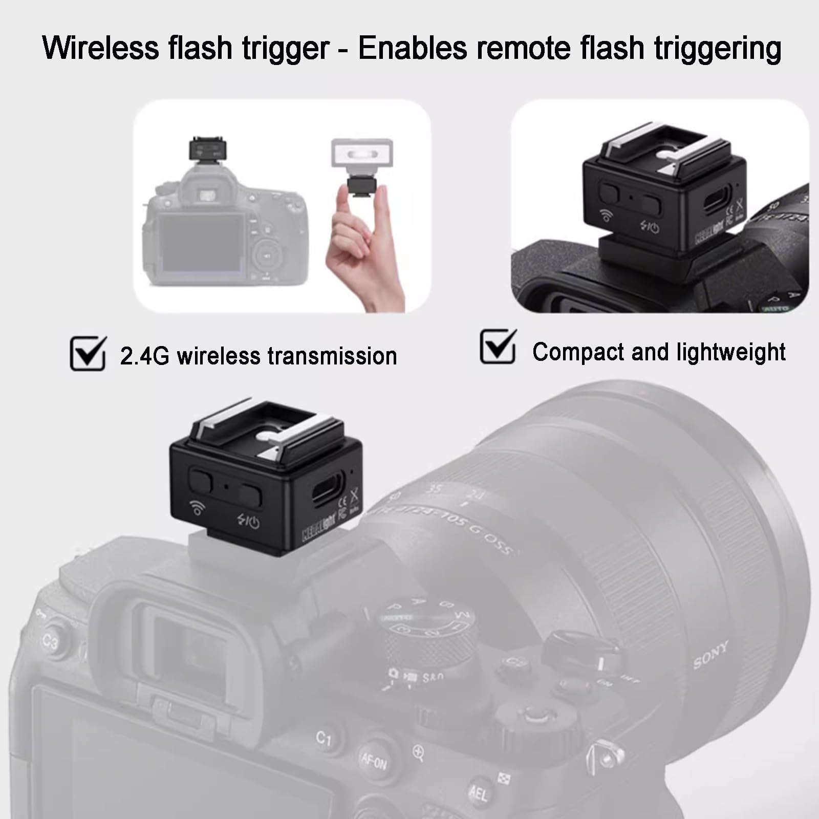 Mini Trigger Flash Wireless 2.4G, Trasmettitore E Ricevitore per Trigger Flash, Adattatore per Rialzo a Slitta, Ricaricabile, per Fotocamere DSLR, Controllo Completo della Luce