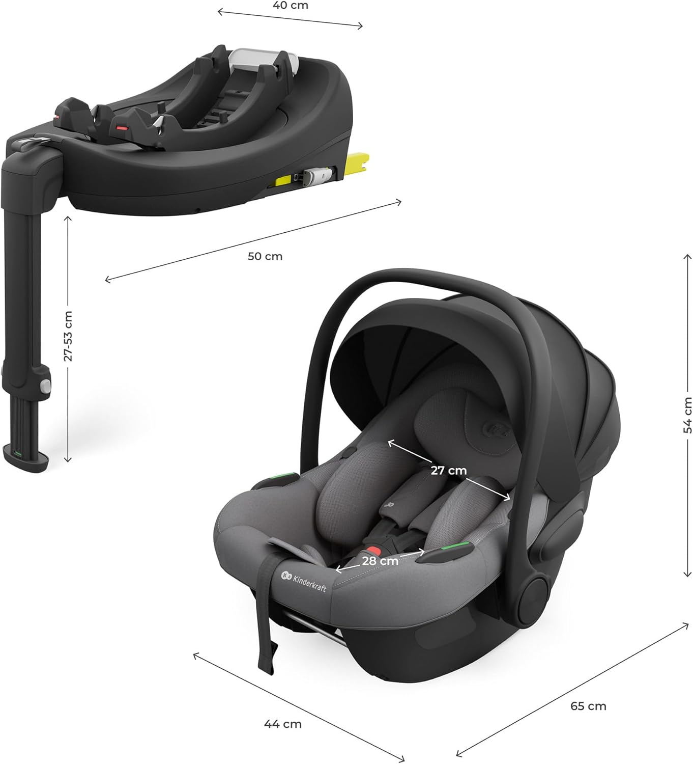 Dimensions of the Kinderkraft Endura Safe Car Seat infant carrier and ISOFIX base