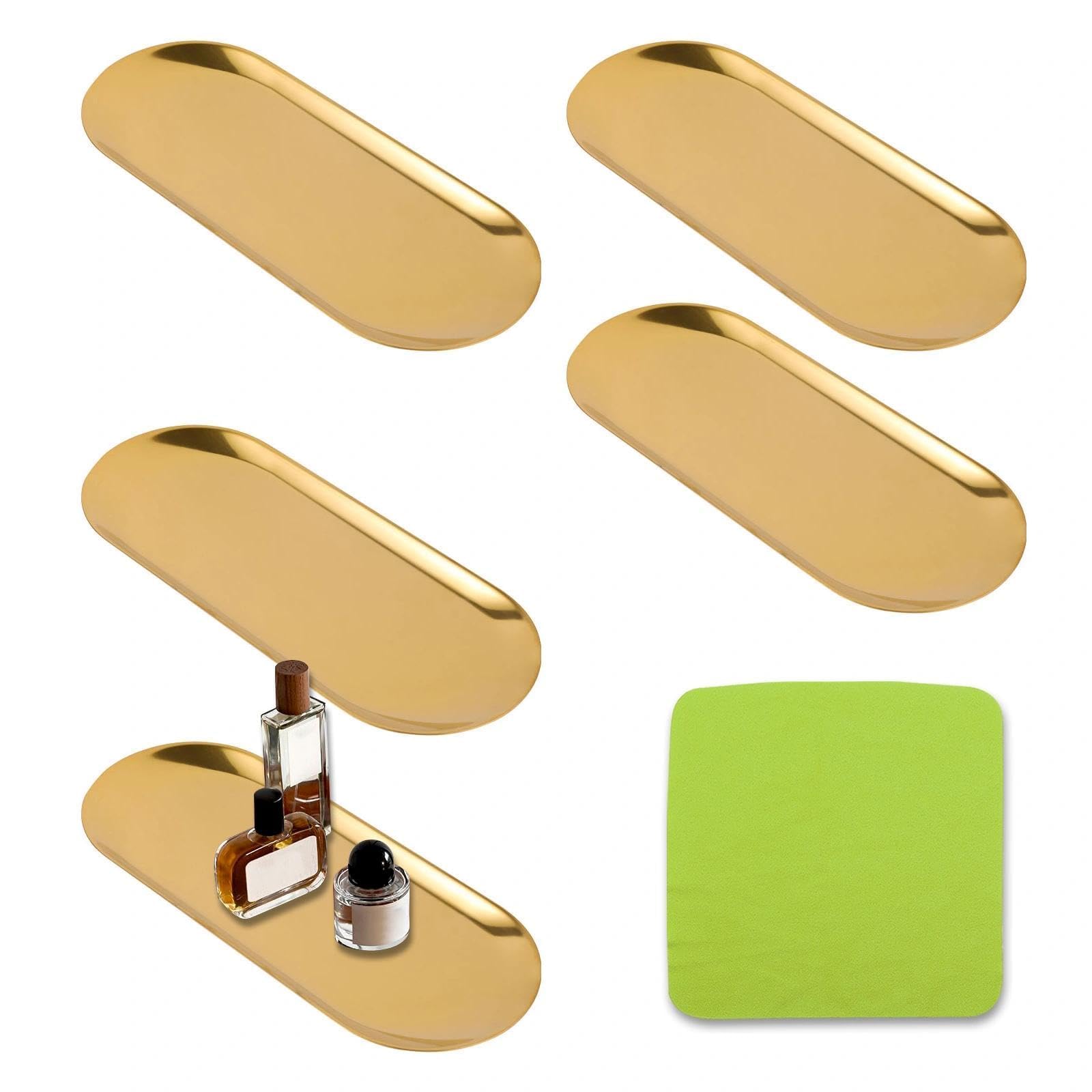 5 PCS Oval Gold Trays, Stainless Steel Gold Decorative Trays with Cleaning Cloth, Rust Resistant Serving Tray for Jewellery Keys Candle Desserts Snack, Storage Tray for Kitchen Bedroom Bathroom