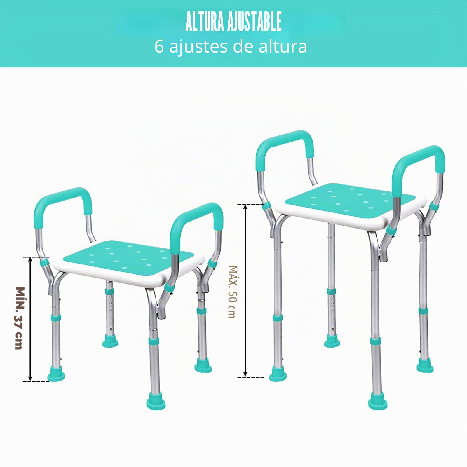Sgabello per Doccia, con Braccioli Panca Da Doccia Regolabile Da 6 Altezza Sedia con Telaio Largo Piedini In Gomma Antiscivolo Carico MAX 150kg - Ausilio Supporto per Anziani