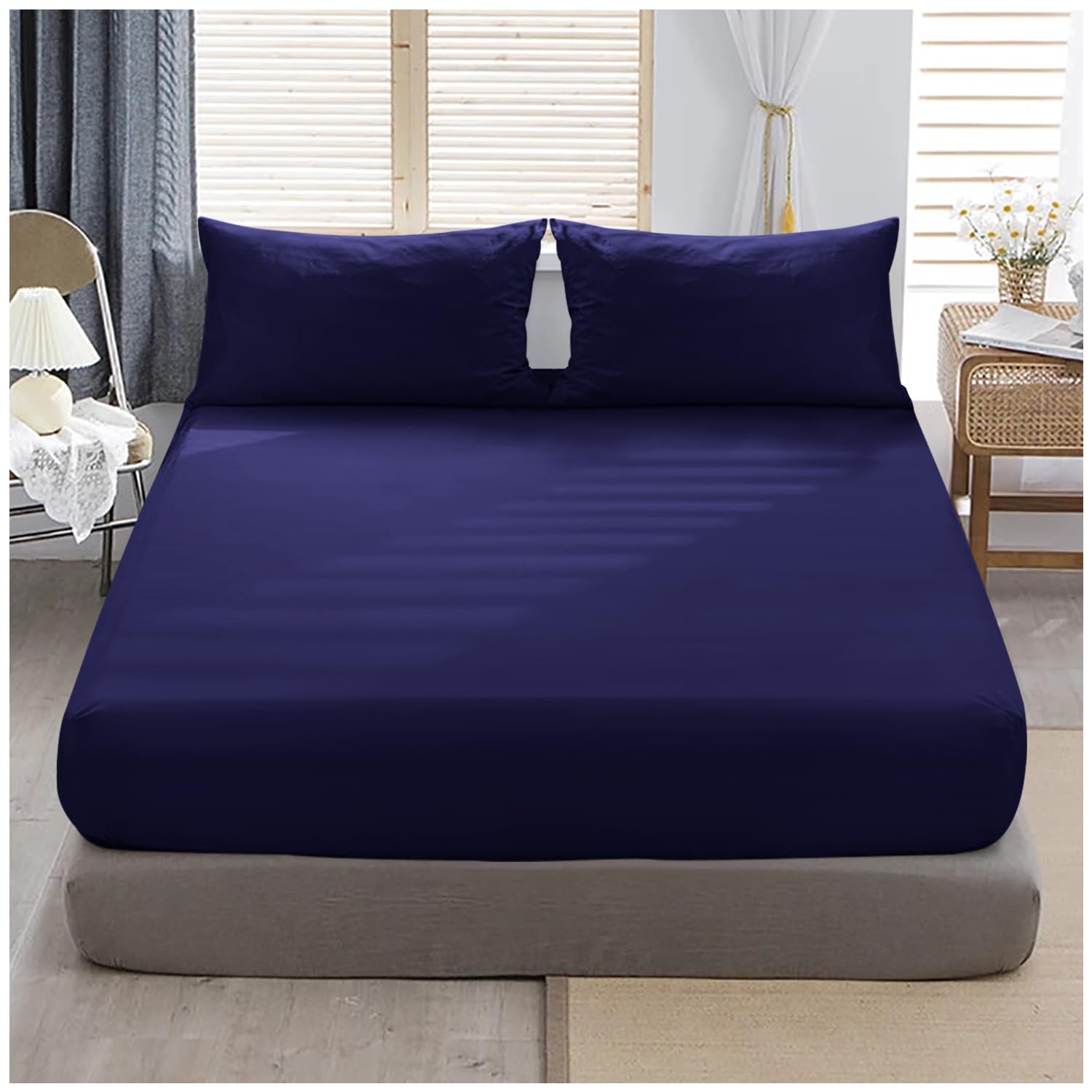 Gc Gaveno Cavailia Navy Superking Fitted Sheet Deep - Bottom Sheet For Super Kingsize Bed With 40Cm 16 Inches Extra Deep Sided Pocket, Soft Polycotton Bedsheet Ultra Deep Fit