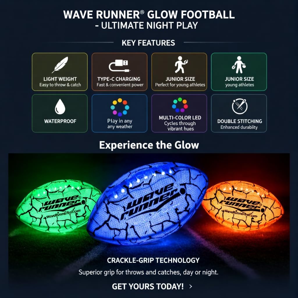 Wave Runner Glow in The Dark LED Football - Junior Size Waterproof Light Up Football, Type-C Rechargeable with Pump, Outdoor Sports Toy for Kids, Teens, and Adults
