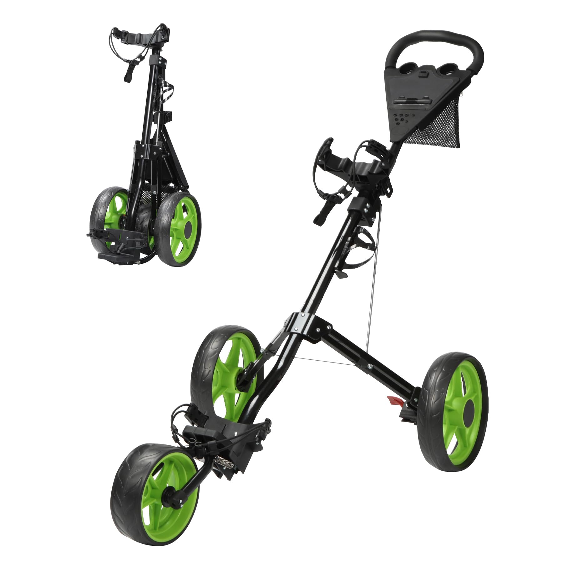 REDCAMP Foldable 3 Wheel Push Golf Trolley with Foot Brake， Lightweight Golf Cart with Extra Large Wheel and Cup Holder，Adjustable Handle Height and Durable Frame,Ideal for Golf Course and Outdoor
