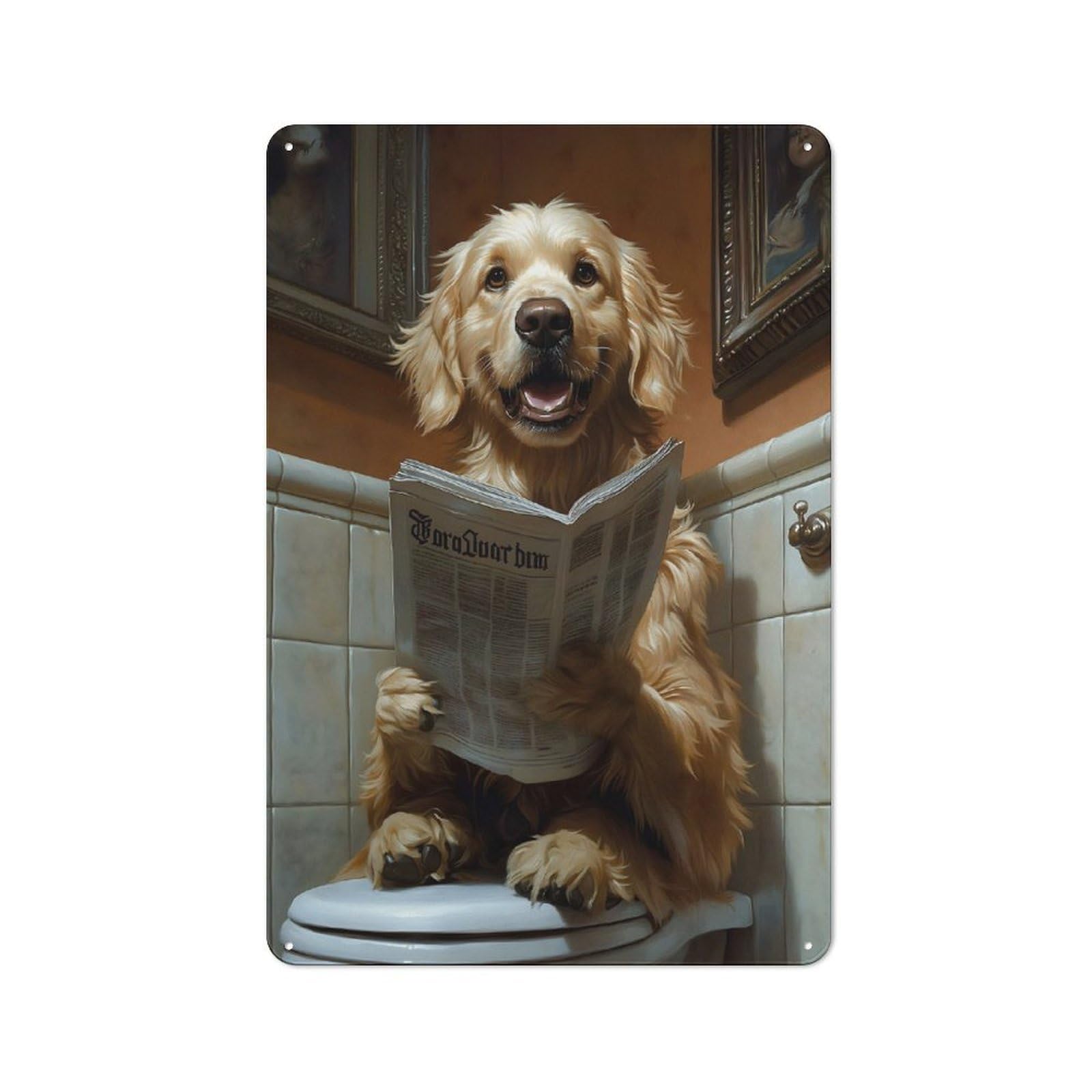Metal Sign 30x20cm with Golden Retriever Reading Newspaper on Toilet for Pub Or Café, Vintage Decor, for Metal Sign Collectors, for Garage And Workshop Walls