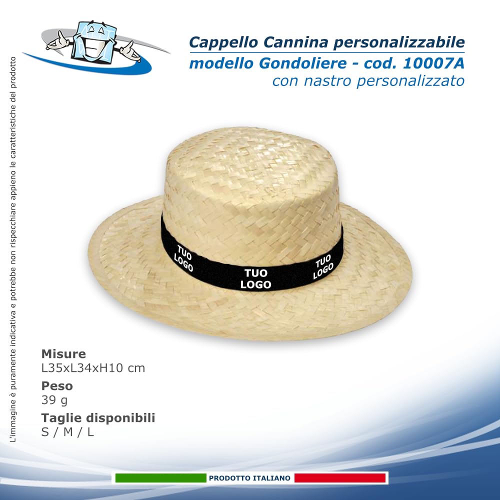 300 Cappelli personalizzati in Cannina 100 % Paglia Naturale disponibili 11 Modelli: Alpino, Cowboy, Borsalino, Pastorella, Indiana J., Gondoliere, Texano, Bombetta, Cubano con nastro personalizzato