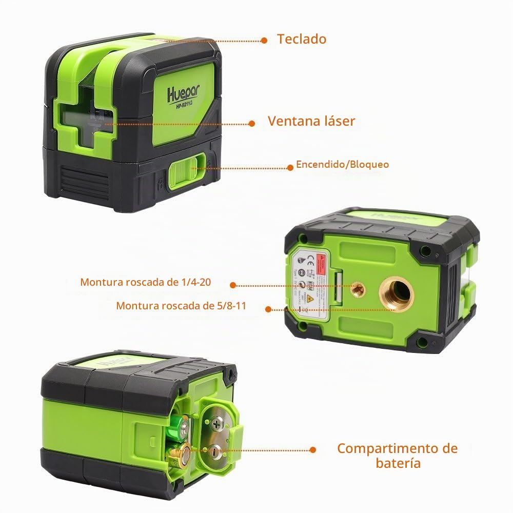 Huepar Nivel Láser, Nivel Laser Verde 25m, Arriba/Abajo Puntos de Plomada, Autonivelante Líneas Cruzadas, Vertical/Horizontal con Gran Angular de 180°, con 360° Rotación Soporte Magnético M-9211G