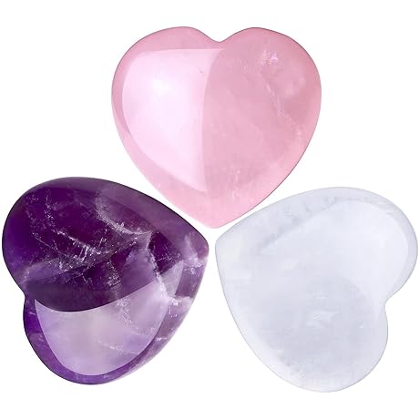 QINJIEJIE Amatista Cuarzo Polished Healing Heart Shape Love Stone, 3 Pieces