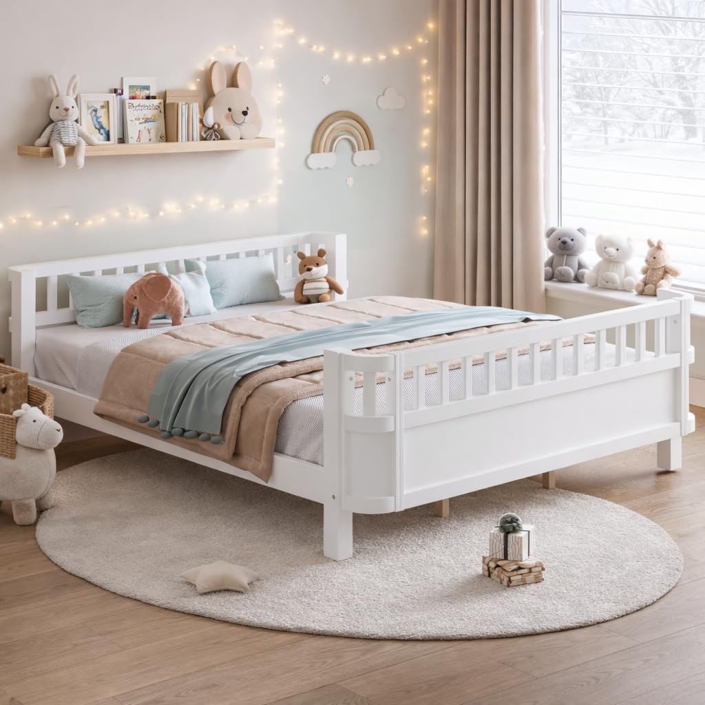 Bellemave Queen-Size Montessori Bed, Wooden Platform Bed Frame for Boys & Girls, Solid Pine with Removable Guardrails, Rounded Corners, Low-Profile, No Box Spring Needed, White