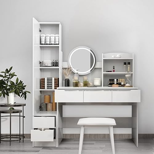 ROMOZ Escritorio de tocador de maquillaje de 63 pulgadas con luz táctil ajustable de 3 colores espejo de tocador de madera con 5 cajones para