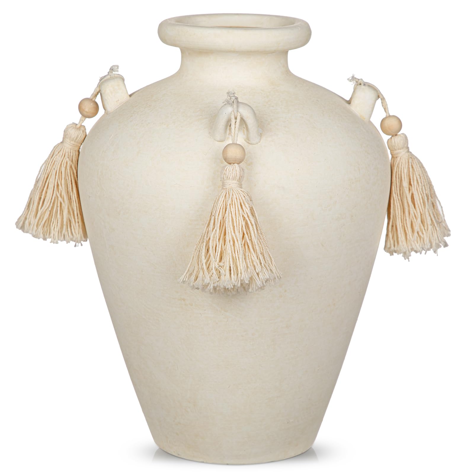 Arborus Vase Beige 24 cm Vintage Vase mit Quasten Boho Vasen Blumenvase Rustikal Dekovase für Kunstblumen wie Tulpen Hortensie Pampasgras Eukalyptus Rustikal Boho Vintage Deko im Zimmer Hotel Cafe