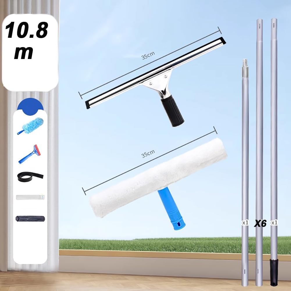 13.8-Inch High-Reach Window Wiper Set with 1.2-15M Aluminum Alloy Telescopic Cleaning Pole, Professional Stainless Steel Glass Wiper, Suitable for Residential/Commercial,Pole Length 12.3m