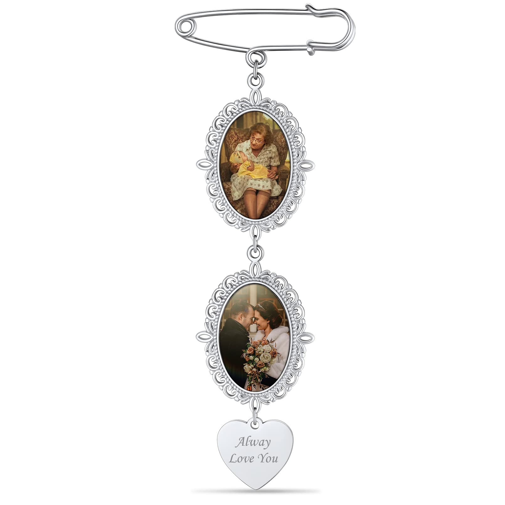 Custom4U Wedding Bouquet Photo Charms Customized with 1-4 Pictures Memorial Pins Boutonniere for Wedding Groom Bride/Memory Funeral Pin Mother Father