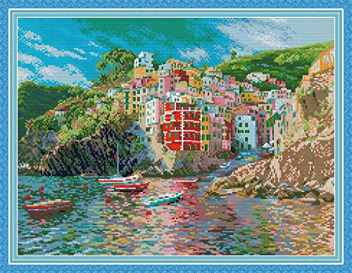 Image of Howie's Cross Stitch Kits, 14CT Pre-Printed Pattern Embroidery Set Needlework, Full Range of Stamped Starter Kits(The Seaside Town, 18.9 x 14.57 inch)