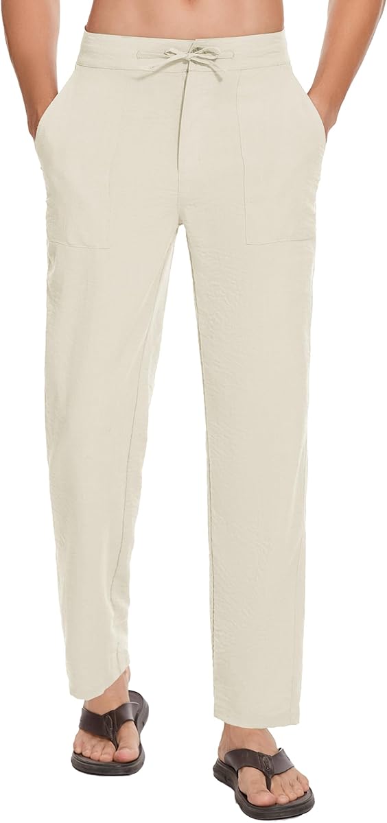 SEVEGO Mens Casual Linen Pants 36'' Elastic Waist Drawstring Straight-Legs Summer Beach Loose Fit Trousers Beige, M at Amazon Men’s Clothing store
