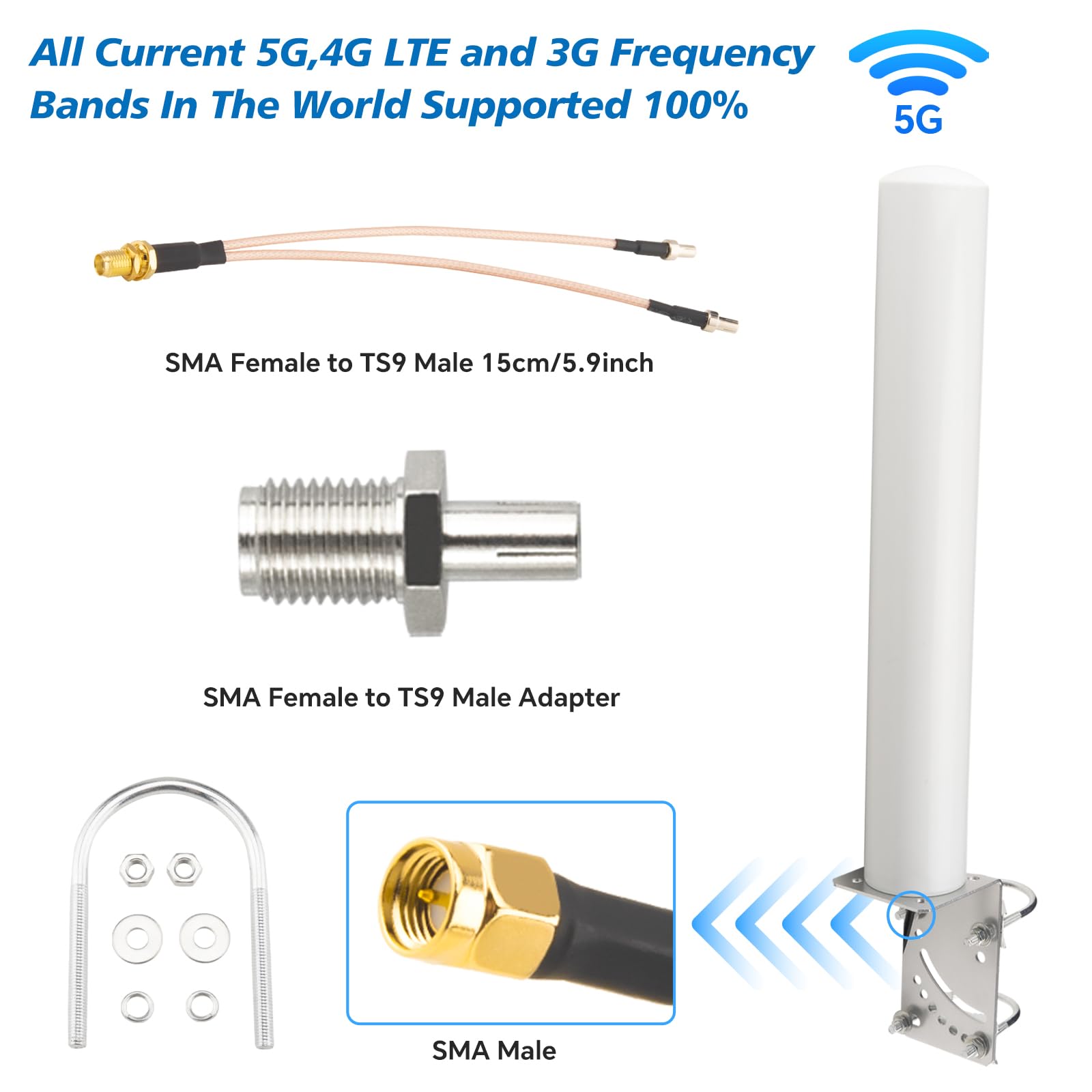 Antenna 5G 4G LTE ad alto guadagno 600-6000 Mhz omnidirezionale antenna esterna 10dBi SMA maschio B-LMR200 cavo 5 m con adattatore SMA a TS9 e cavo RG316 per AT&T, Verizon, T-Mobile