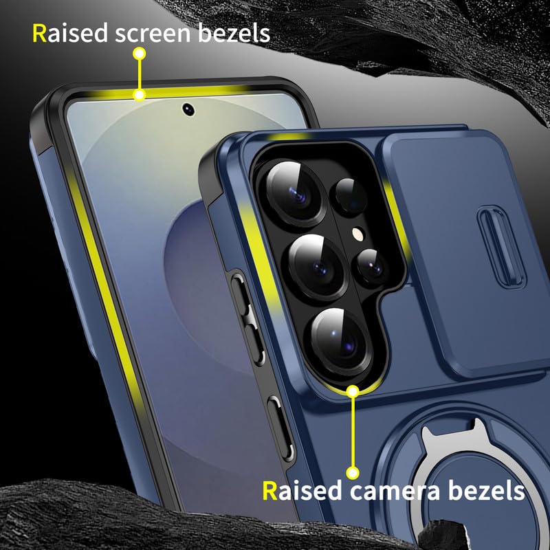 Image of LuxuryKase Shockproof Rugged Case for Samsung Galaxy S26 Ultra | Slide Camera Cover | 360 Rotating Ring Kickstand | Military-Grade Protection - Navy Blue