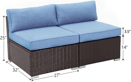 Miniatura 2 de COSIEST Juego de 2 sillas complementarias sin brazos para muebles de exterior para expandir sofá seccional de mimbre marrón chocolate con cojines