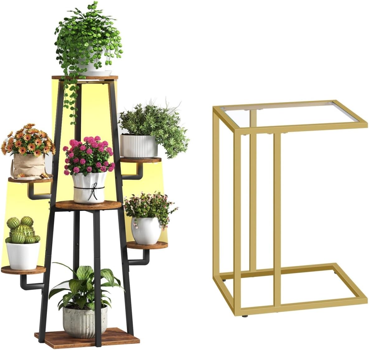 HOOBRO Plant Stand Indoor with Grow Lights and C Shaped End Table, 7-Tier Plant Shelf for Indoor Plants, Small Side Table for Couch, Gold Sofa Table with Tempered Glass, BF04DHJ01-GD03SF01G1