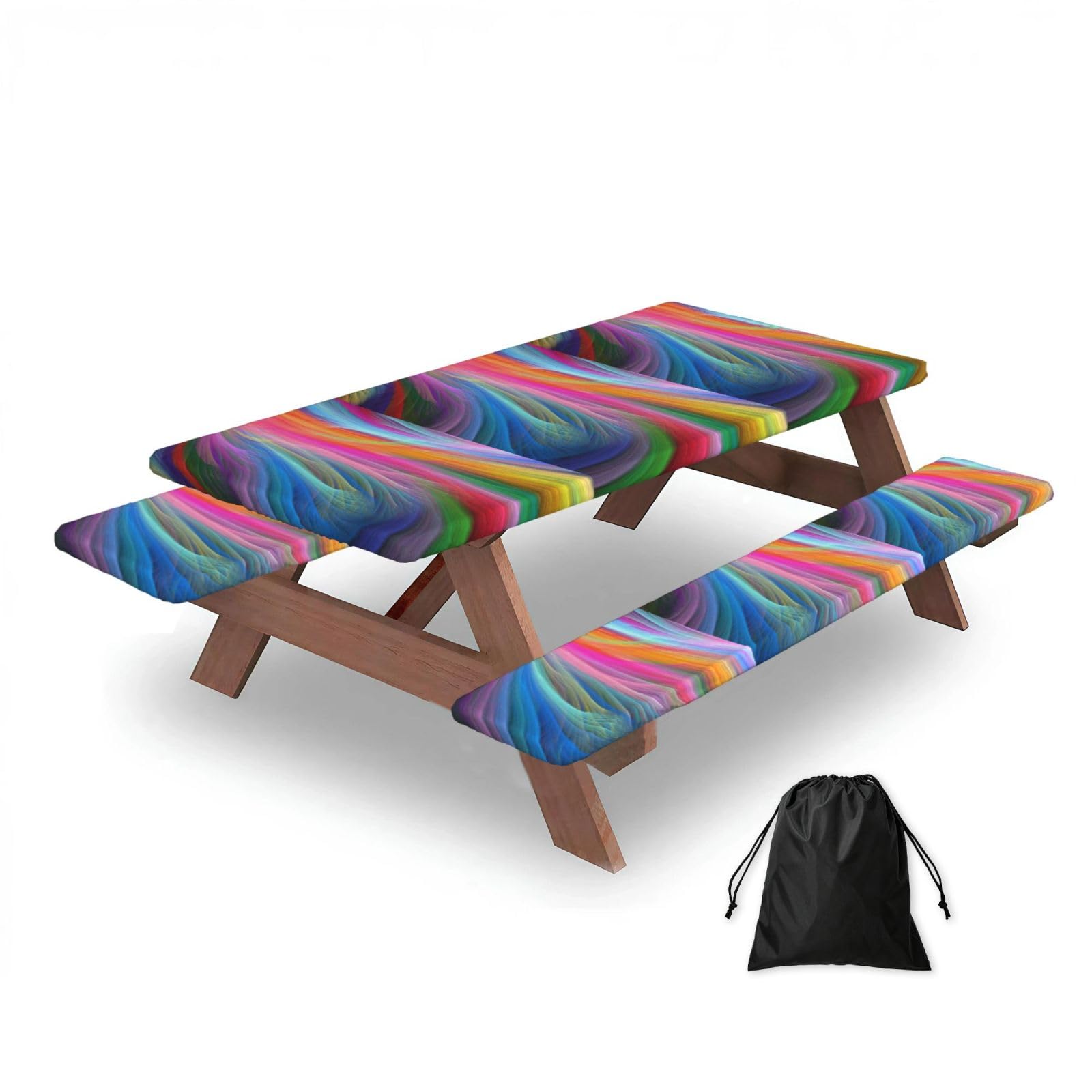 Abstract Fractall Rainbow, Picnic Table Cover With Bench Covers -Waterproof Elastic Fitted Tablecloth for Garden Camping Patio 76x152cm