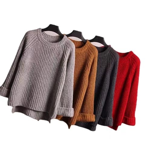 Facdem Women's Casual Long Sleeved Pullover Solid Round Neck Loose Fitting Sweater Red #TOP5