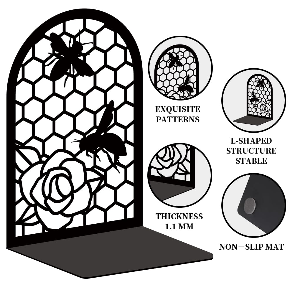 Schwarze Metall-Buchstützen für Regale, Dekoration, Bienen, robuste Buchstützen für Buchstützen, Vintage-Blumen-Buchstopper für Büro, Buchhalter, Regal-Zubehör, einzigartig, 17,8 x 11,9 x