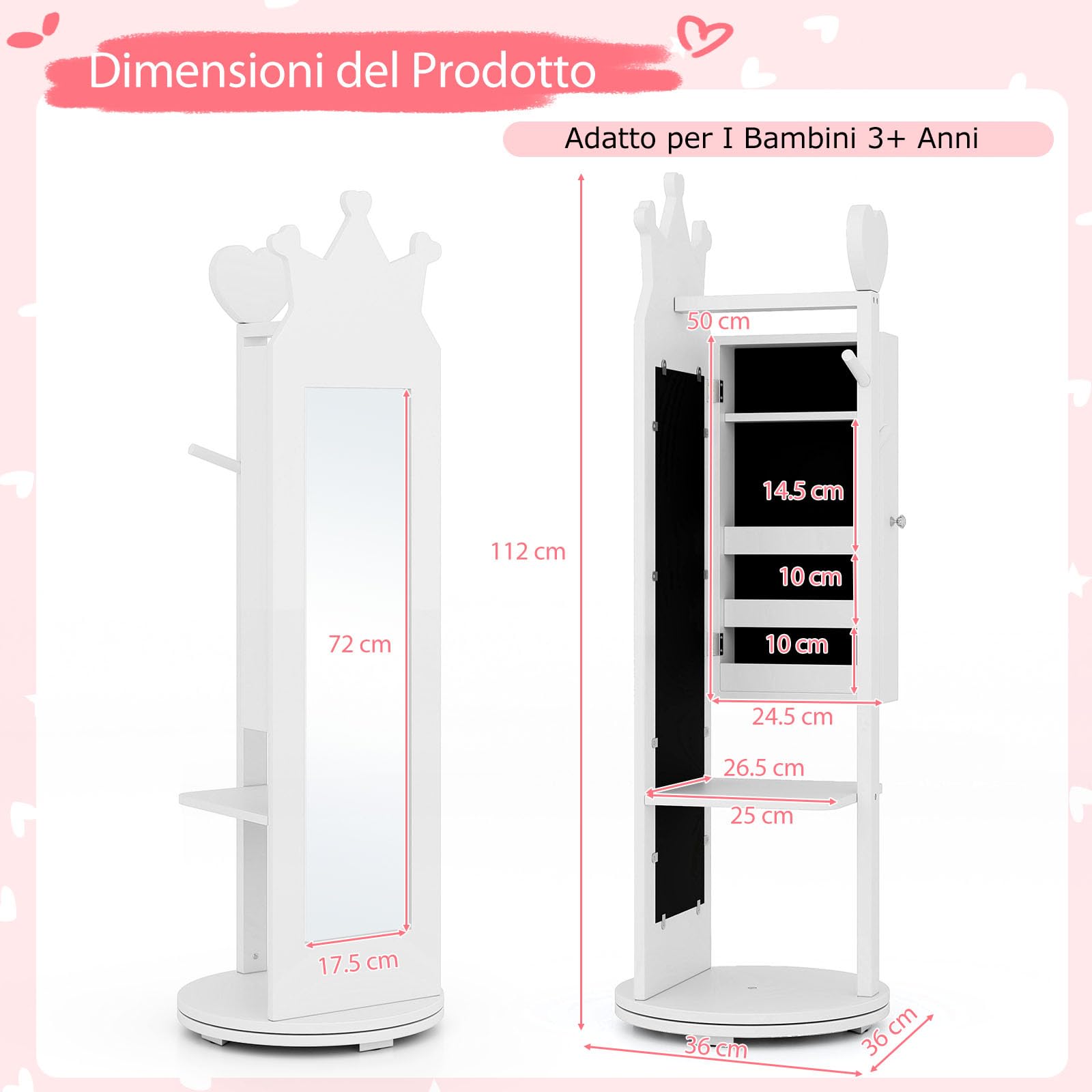 RELAX4LIFE 4 in 1 Armadietto Portagioie per Bambini, Specchio da Terra con Base Girevole a 360° e Appendiabiti, Ideale per Cameretta, 36 x 36 x 112 cm (Bianco)