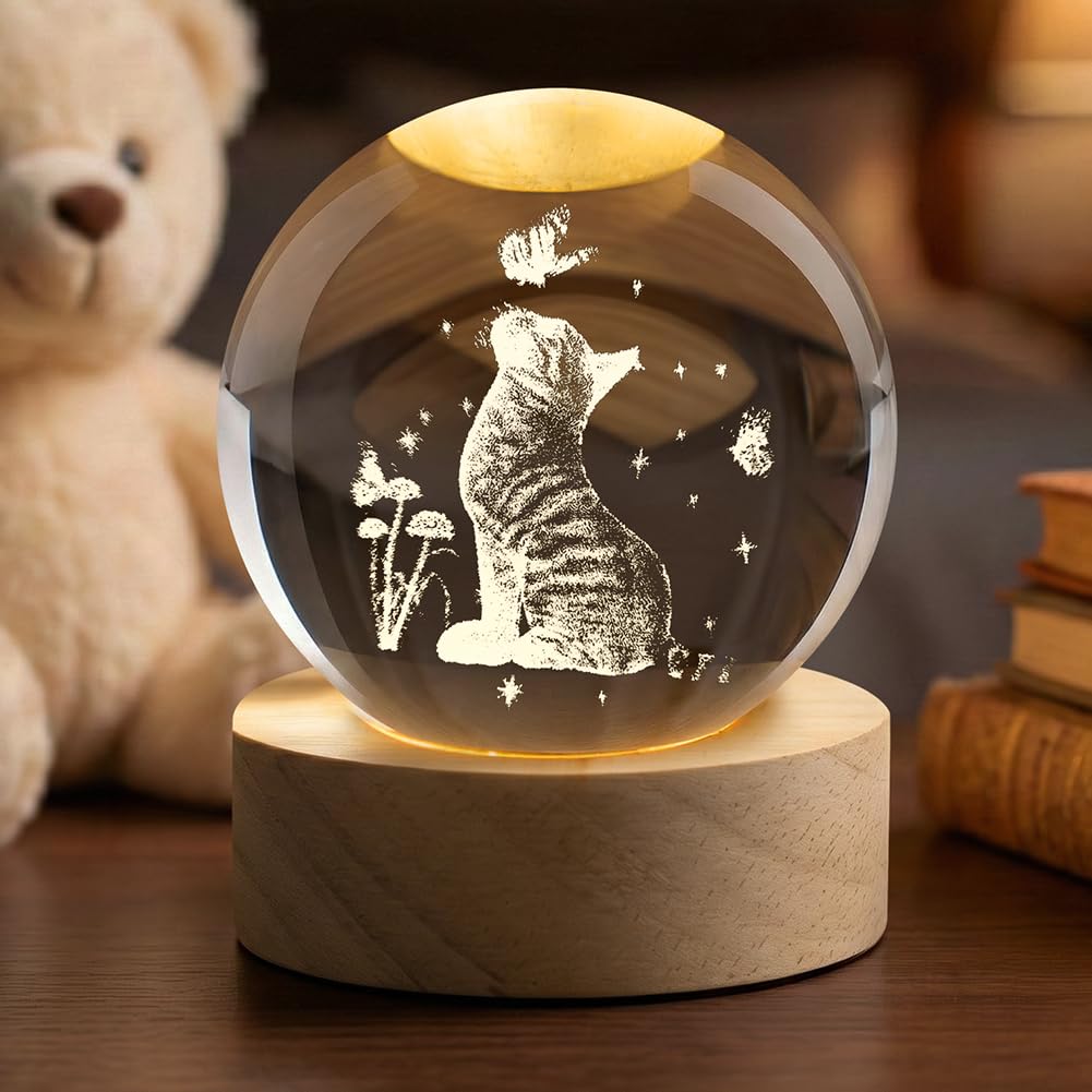 AOOTE 3D Cat Crystal Ball, 3D Crystal Ball, Decor Glass Ball Wooden Base with Light, USB Interface with Power Switch, Crystal Ball Ornaments for Home Decor, Tabletop, Birthday Gift, Anniversary