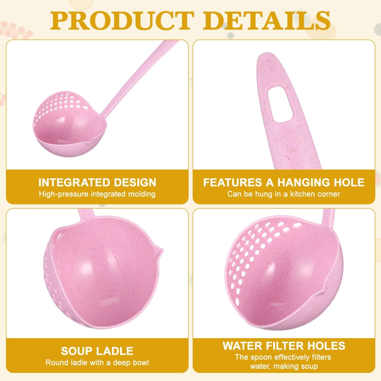 ULTECHNOVO 2 in 1 Straining Ladle Slotted Ladle Spoon with Filter Hole Pink Plastic Soup Serving Spoon for Hot Pot Oil Separation Hanging Storage Dishwasher Safe