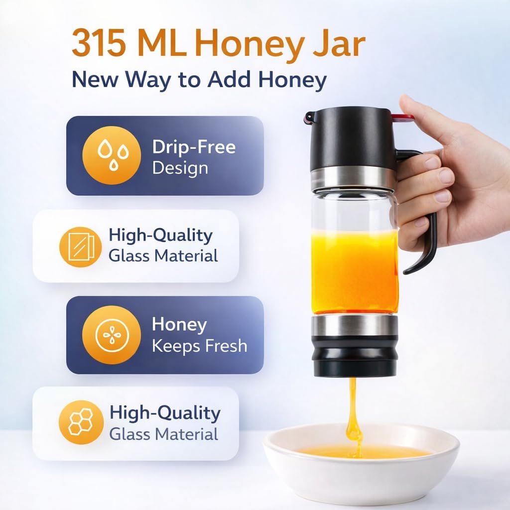 12Oz Honey Dispenser No Drip with Stand, Dispensador De Leche Condensada,Glass Honey Jar, Syrup Dispenser, Easy One Hand Use Honey Pot for Coffee or Tea, Mess Free Honey Dispenser for Syrup (Yellow)