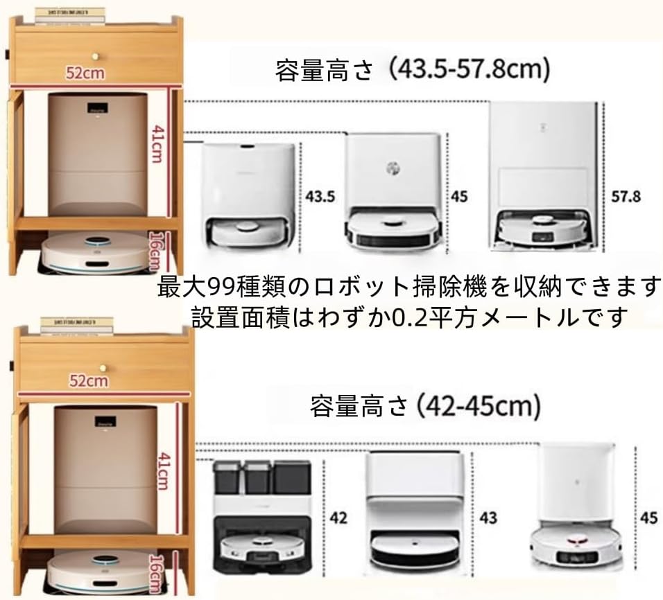 Gwxe掃除ロボット収納机 掃除ロボット一体収納机、木製収納キャビネット、多機能置物棚、広い天板、大きな荷重能力、丸角の安全設計、引