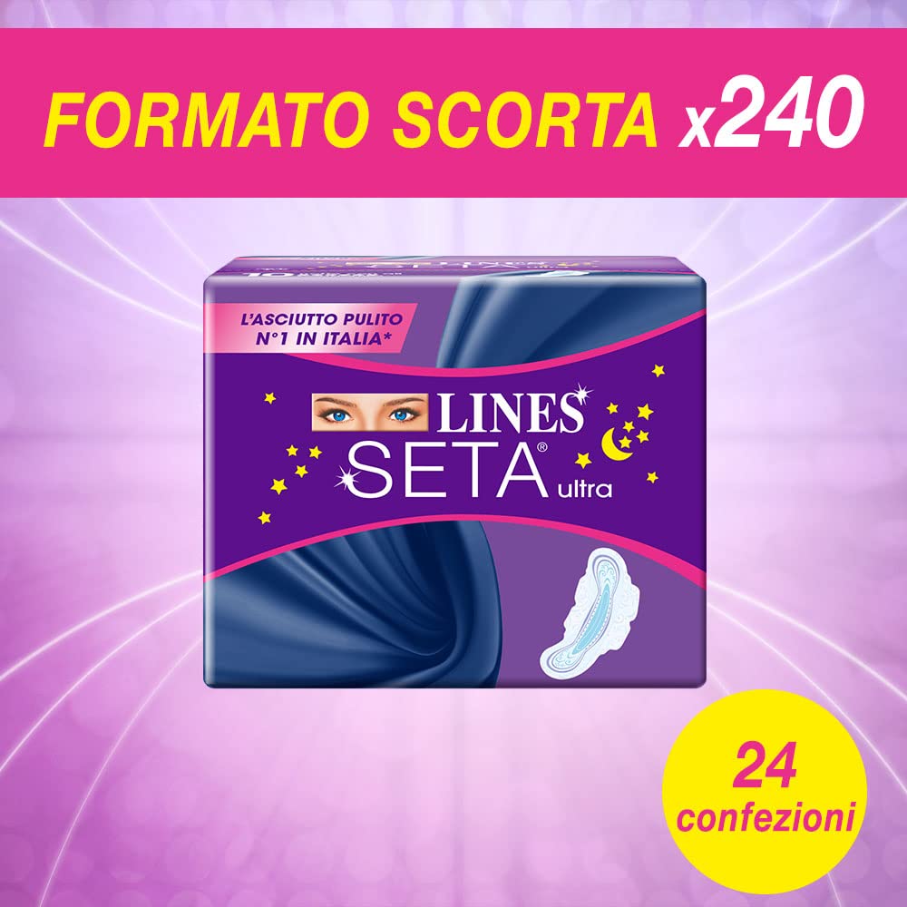Lines Seda Ultra Noche, 24 paquetes de 10 compresas, 240 compresas