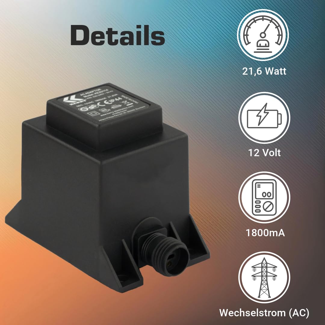 KERRY transformator 12 V 21,6 VA AC/AC, do użytku na zewnątrz, IP44, np. do oświetlenia LED i pomp, długość 1,5 m