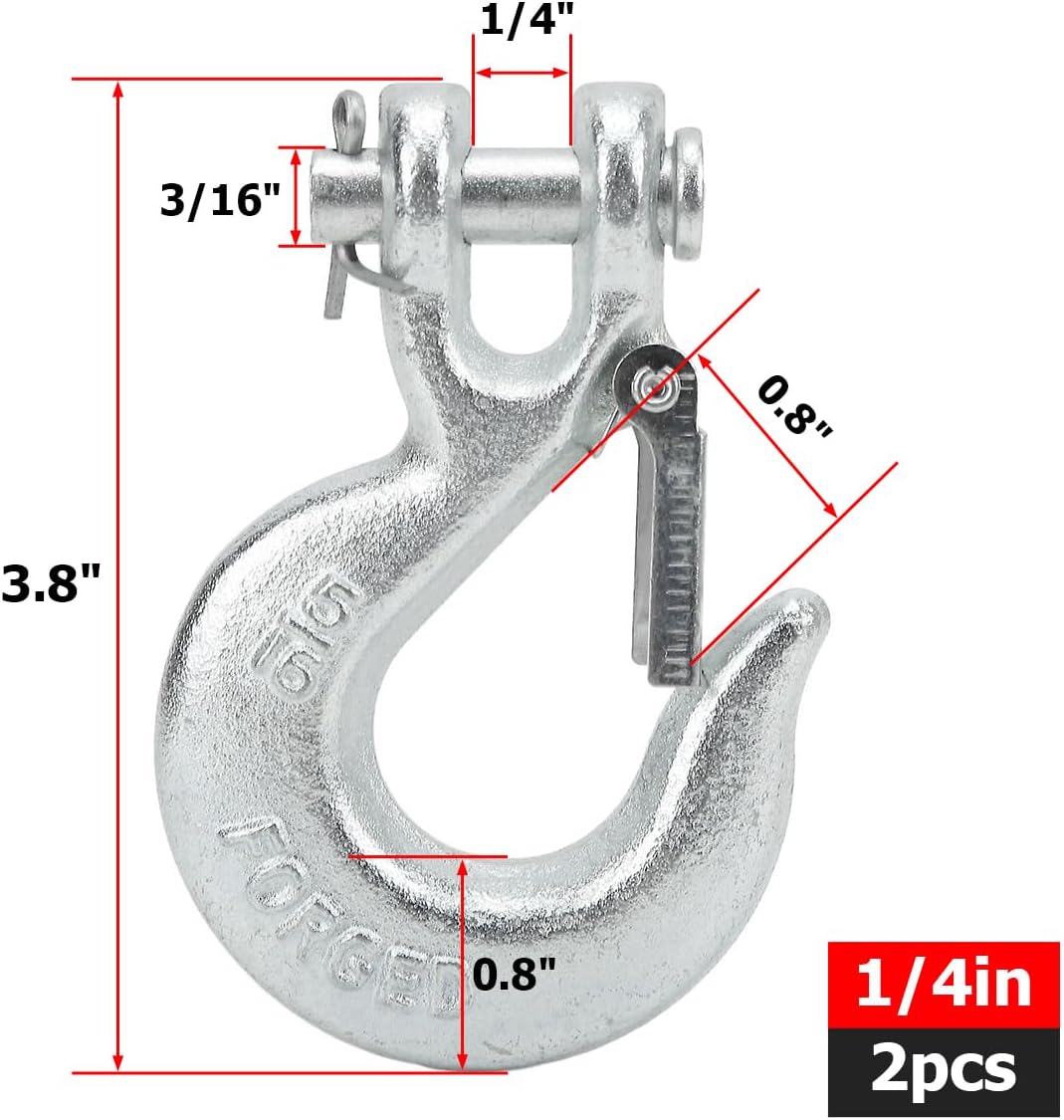 AUCELI 2PCS 1/4 Inch Safety Chain Hooks, Automotive Grade 12,600 LBS 70 Forged Steel Clevis Slip Hook with Safety Latch, Vehicle Transport Tow Winch Hook Trailer Universal for Trailer Truck (1/4") - Image 2