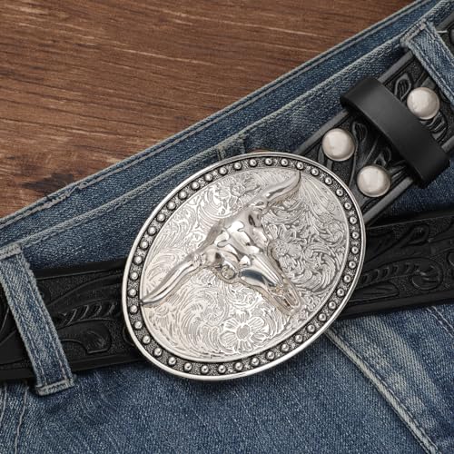 Image of SANSTHS Cowboy Belt Buckle, Western Belt Buckles for Men Women Texas Bull Rodeo Cowgirl Belt Buckle