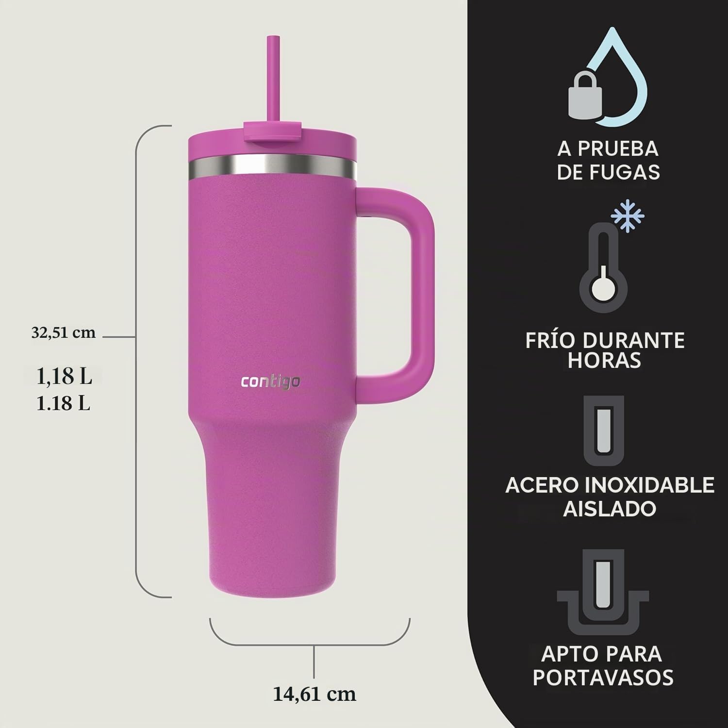 Contigo Streeterville Tumbler Vaso Térmico con Pajita | Frío 29h | 1200 ml