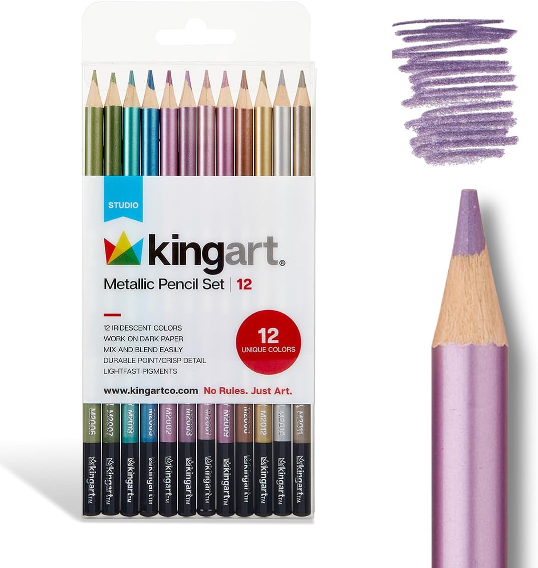 KINGART Metallic 12 Ct. Colored Pencil Set, 12 Shiny Colors for Light & Dark Surfaces, Pre-Sharpened, Durable for Sketching & Drawing, Coloring Books and Mixed Media Art Projects, All Ages