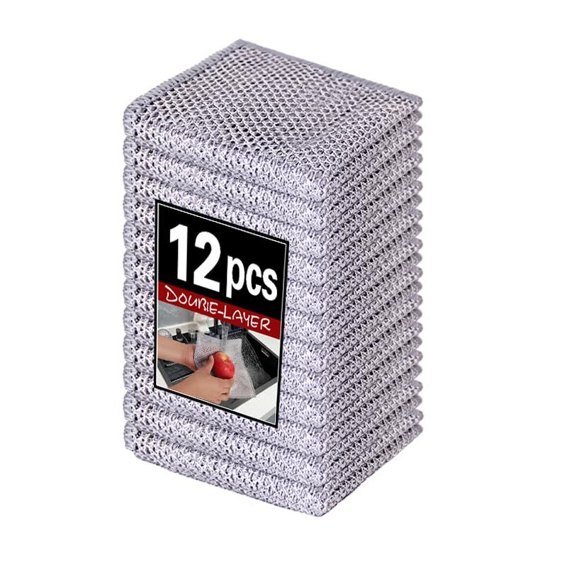 Vhalyx 12pcs Scratch-Free Steel Dishcloths. Reusable Quick-Dry Odorless. Perfect for Dishes Sinks cookware. 7.87x7.87. (12 Light Gray Large) (12pcs[Double Layer Silver] 7.877.87inch)