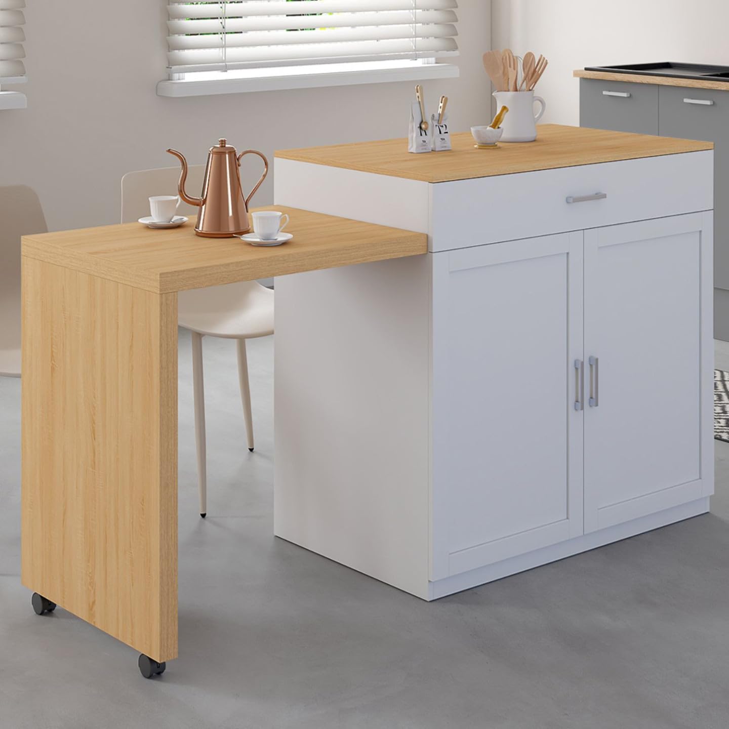 IDMarket - Ilot Central VITO 94-155 cm Bois Blanc avec Table à Manger Extensible intégrée façon hêtre