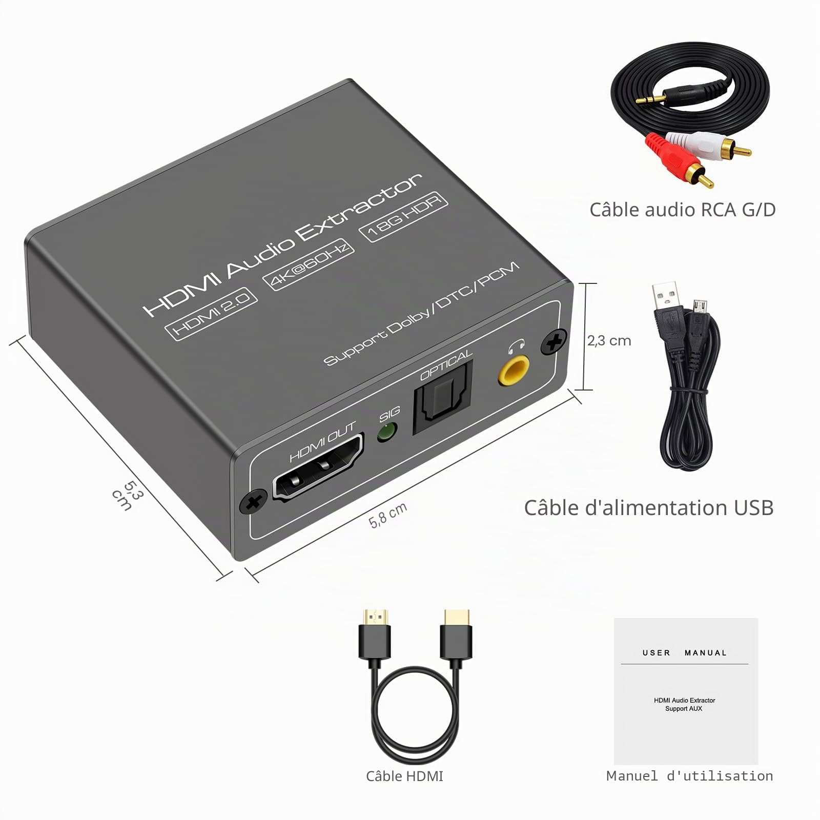 VEDINDUST HDMI Audio Extractor 4K60Hz Extracteur Optique avec Sortie Audio 3.5mm Compatible HDMI 2.0 HDR10 Bande Passante 18GPB Digital DTS PCM
