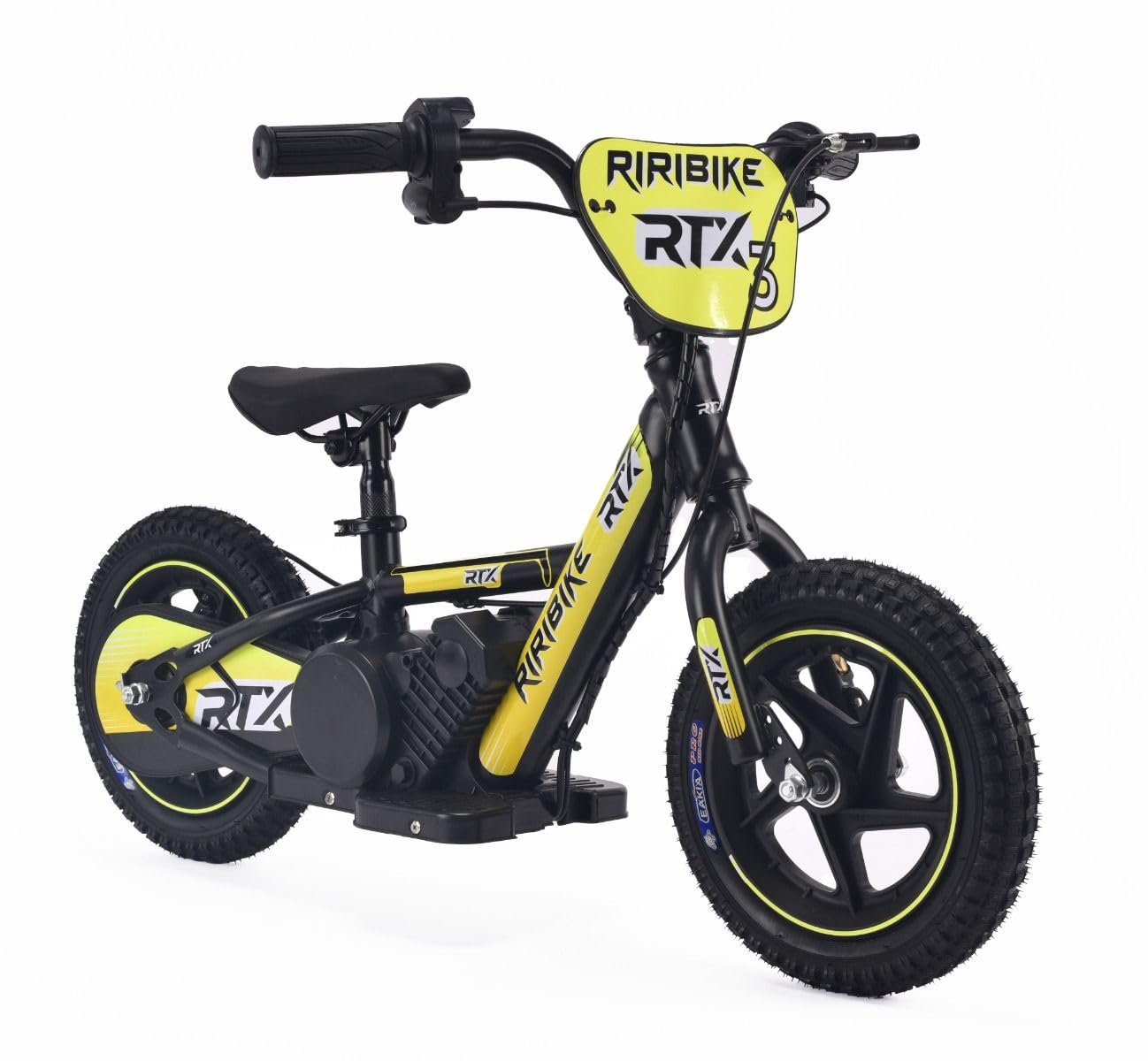 Draisienne électrique pour Enfants RIRIBIKE RTX3 24V (12"), Jaune, Batterie au Lithium, Moteur 100W, Frein à Disque, Siège PU Souple réglable