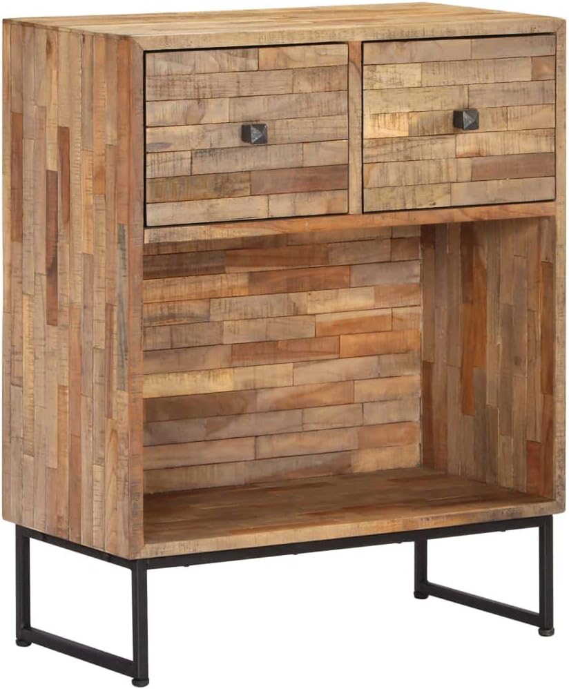 Rustic Industrial Teak Wood Sideboard with Reclaimed Wood Texture and Powder-Coated Steel Frame, Handmade Unique Aesthetic, Sturdy Metal Framework, Generous Storage Capacity,