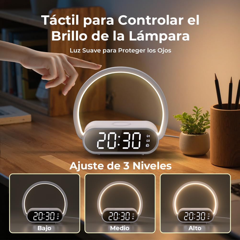 Despertador con Luz Nocturna Regulable 4 Niveles (Leer o Dormir) y 2 Alarmas, Carga Inalámbrica para iPhone/Samsung, Puerto USB, Reloj 3 en 1 para Adultos, Habitación, Oficina o Niños