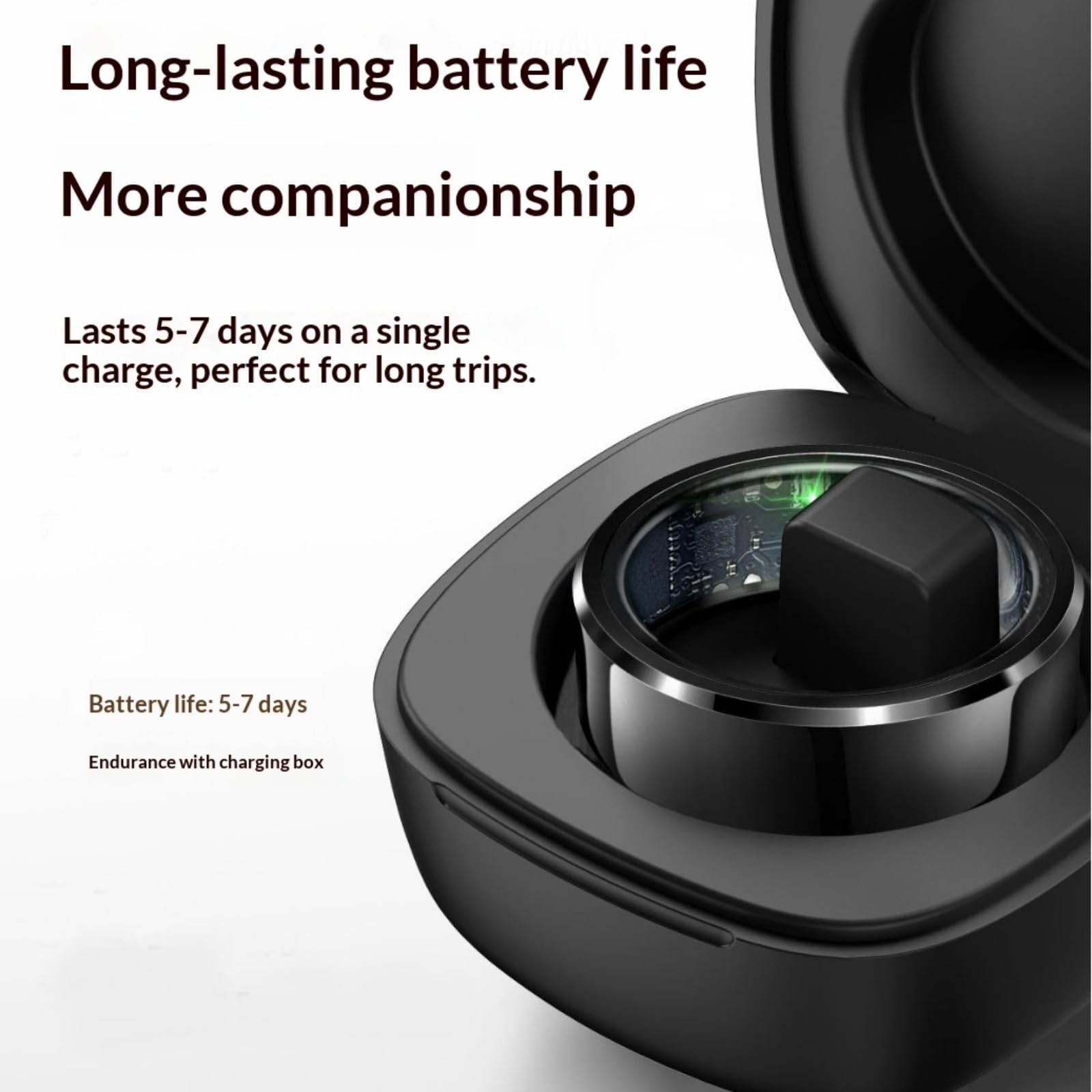 La custodia di ricarica dedicata allo smart ring è impermeabile IP68 e include monitoraggio del sonno, frequenza cardiaca, pressione sanguigna e monitoraggio dell'ossigeno nel sangue, un contapassi e