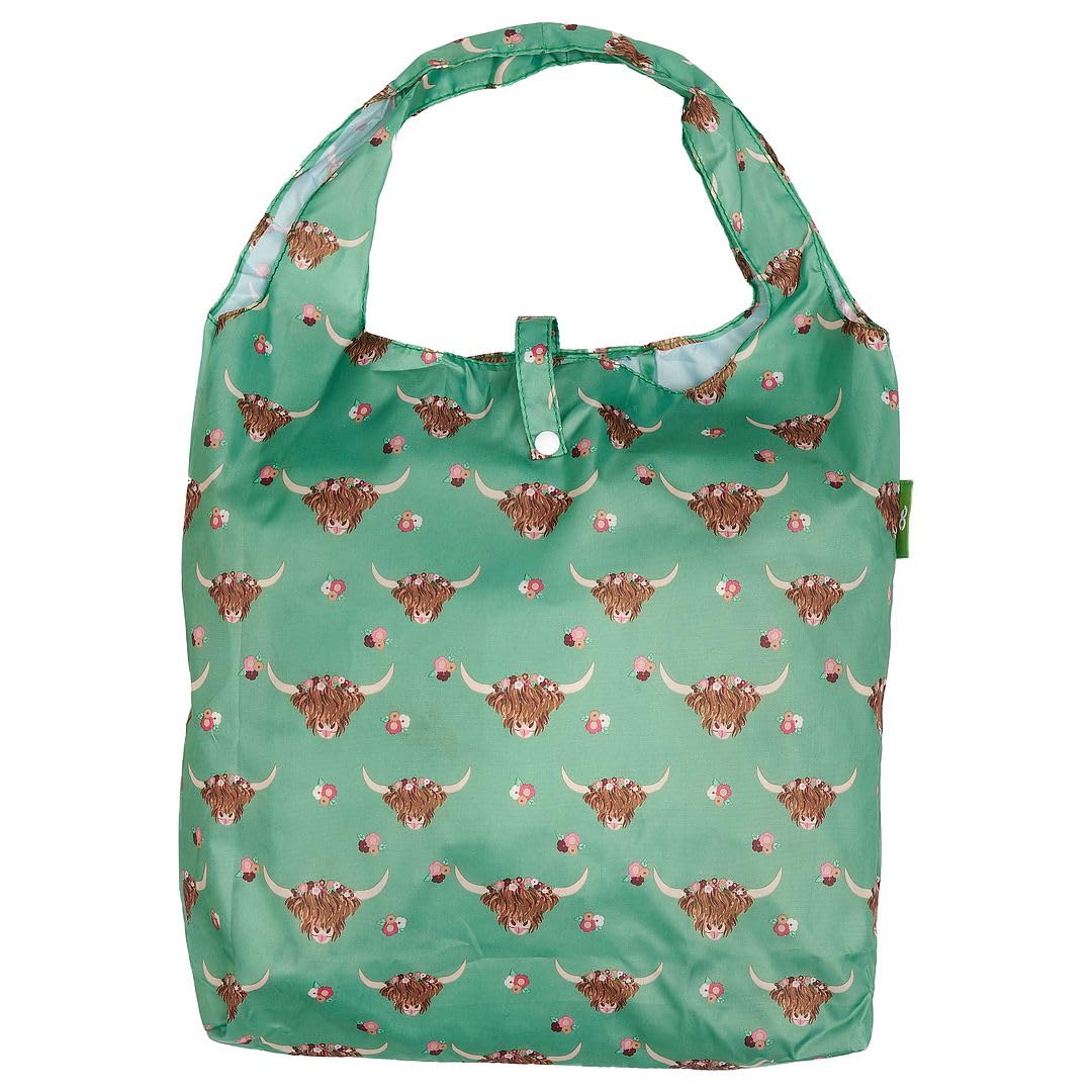 Eco Chic Lightweight Foldable Reusable Shopping Bag Water Resistant Tote Bag (Floral Highland Cow Green)