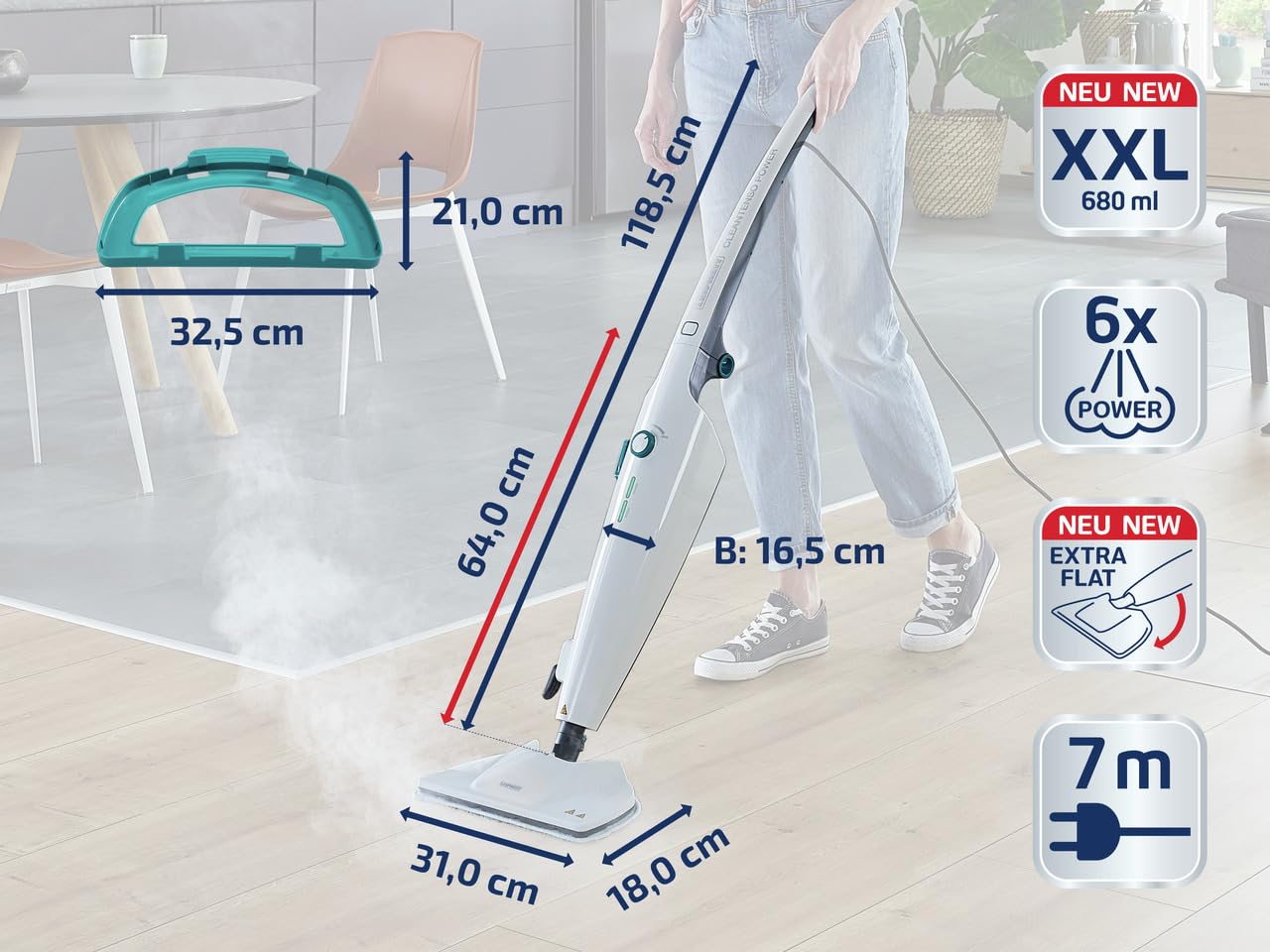 Leifheit pulitore vapore CleanTenso Power 2.0 con vapore caldo contro i batteri, scopa a vapore breve tempo di riscaldamento, 50 minuti di pulizia, vaporetto ideale per angoli, design moderno