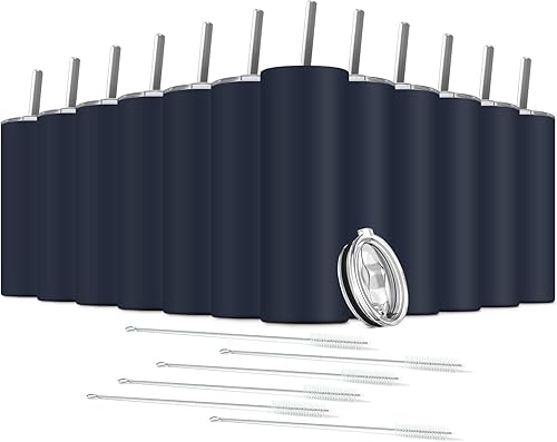 Miniatura 7 de Paquete de 6 vasos delgados de acero inoxidable, vaso de agua de doble aislamiento de 20 onzas con 6 popotes y 3 cepillos, taza de viaje al vacío,