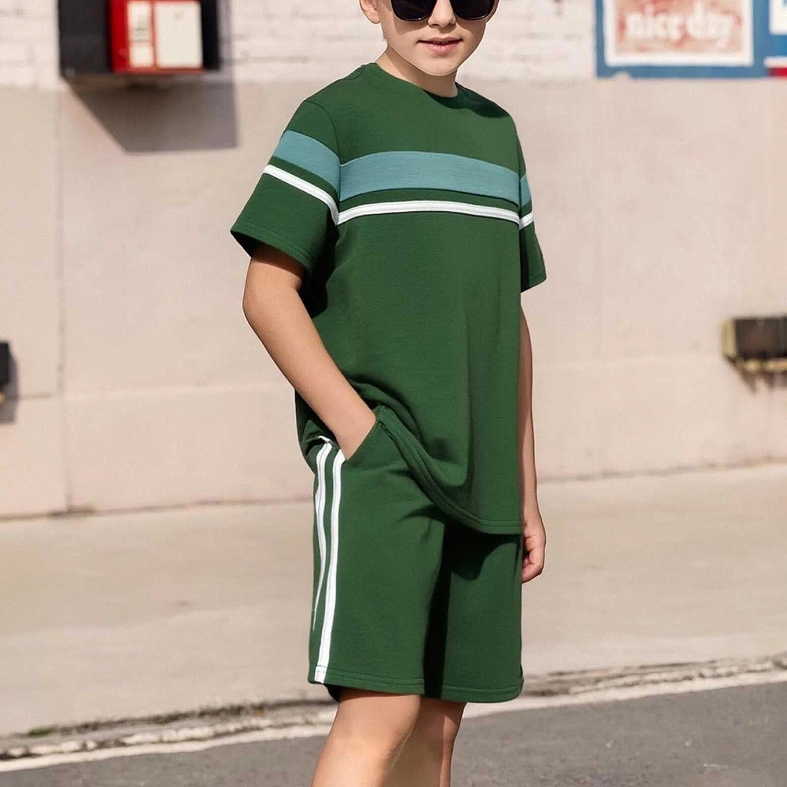 Conjunto de dos piezas de manga corta y pantalones cortos de algodón puro a rayas para niños, transpirable, casual, vacaciones, ropa deportiva de 4 a 13 años