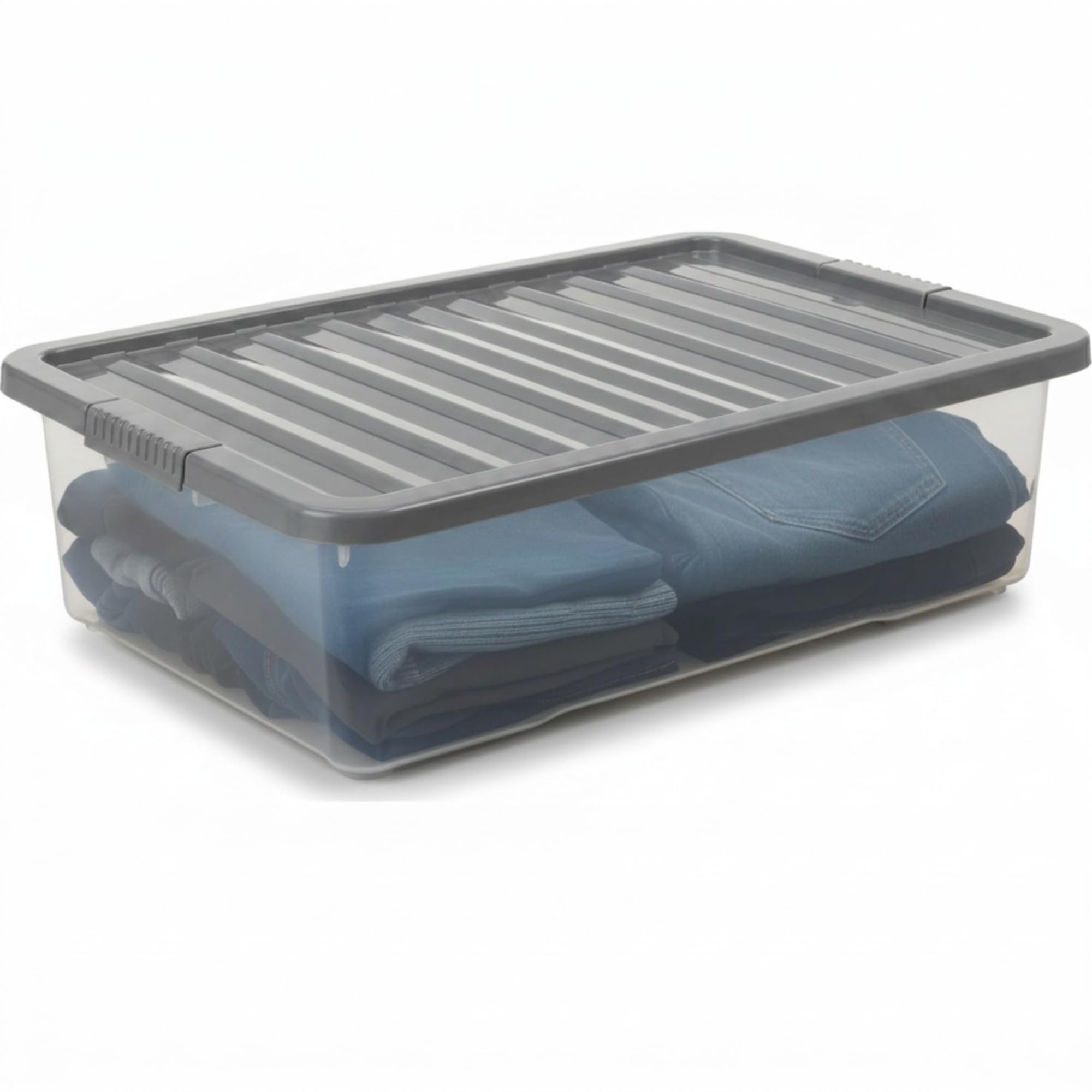 SIDSONS-1x 32L Clear Underbed Storage Box with Grey Clip-On Lid β Slim Plastic Storage Container, Space-Saving Multipurpose Stackable & Nestable Organisers Clothes, Bedding, Toys & Household Items
